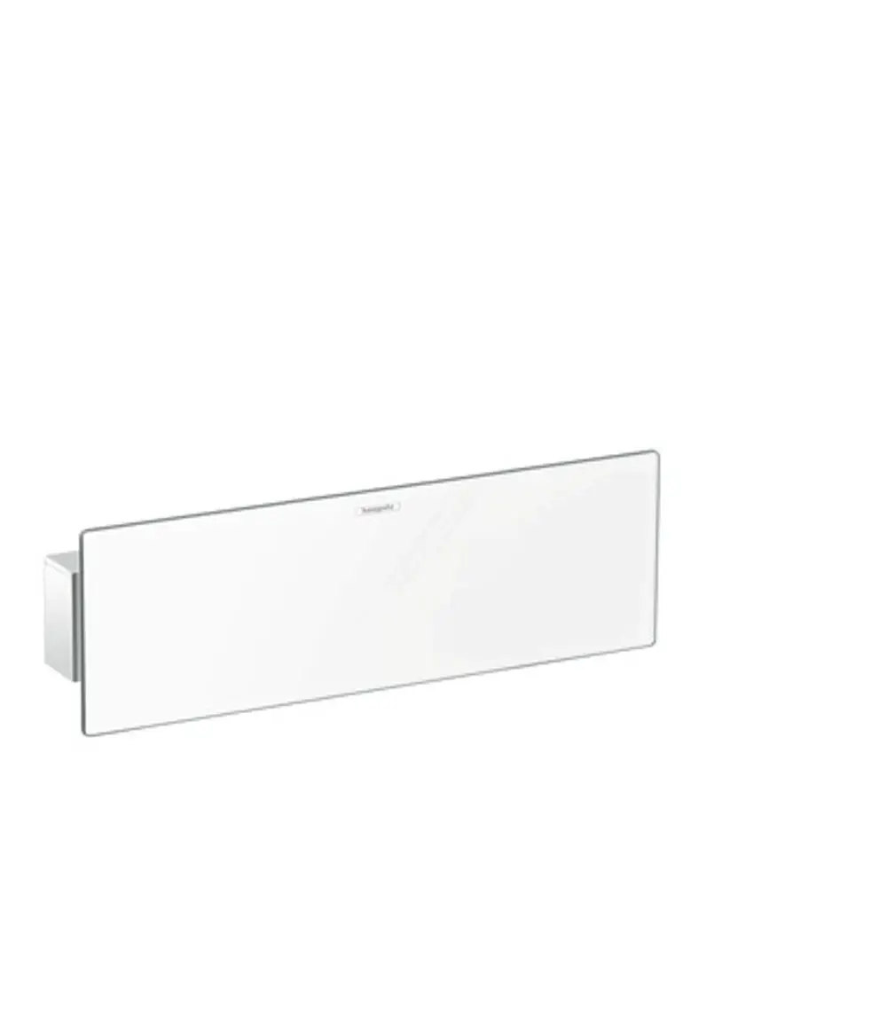 Weißer Wandanschluss mit Duschablage und Brausehalter von Hansgrohe, schlanke, rechteckige Form, montiert an einer Wand.